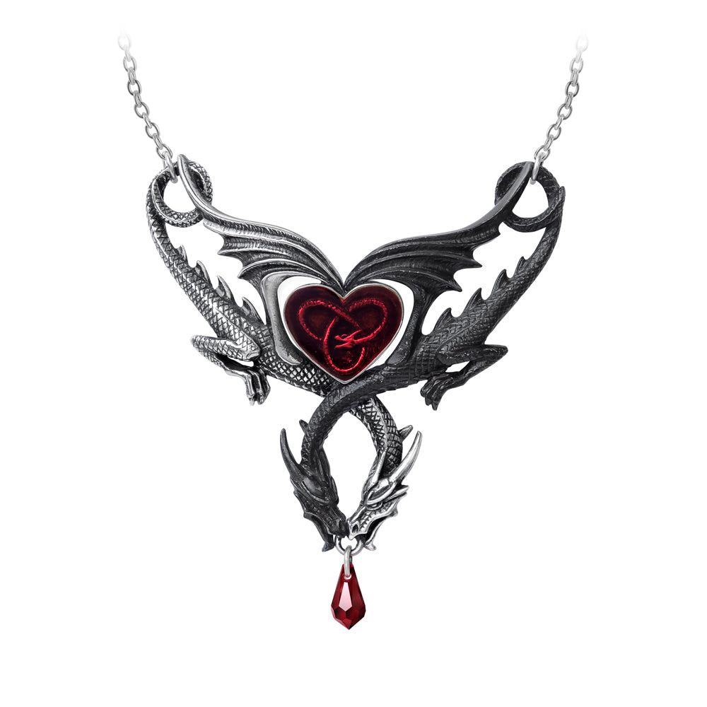 Dragon-shaped necklace with a red heart and teardrop pendant on a white background