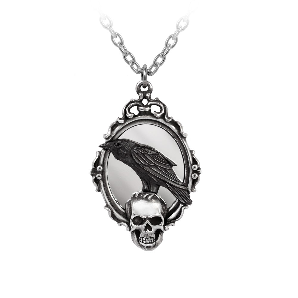 Silver necklace with a pendant featuring a crow and skull design on a white background