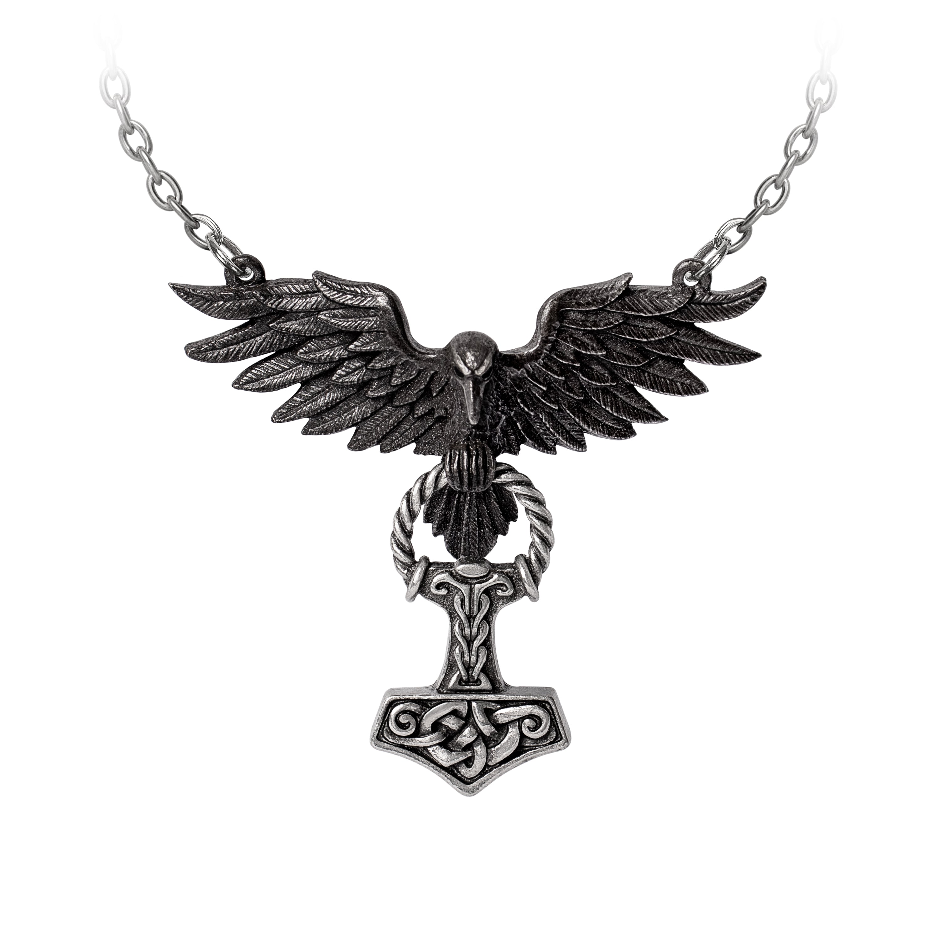 Black raven pendant with Thor's hammer on a white background