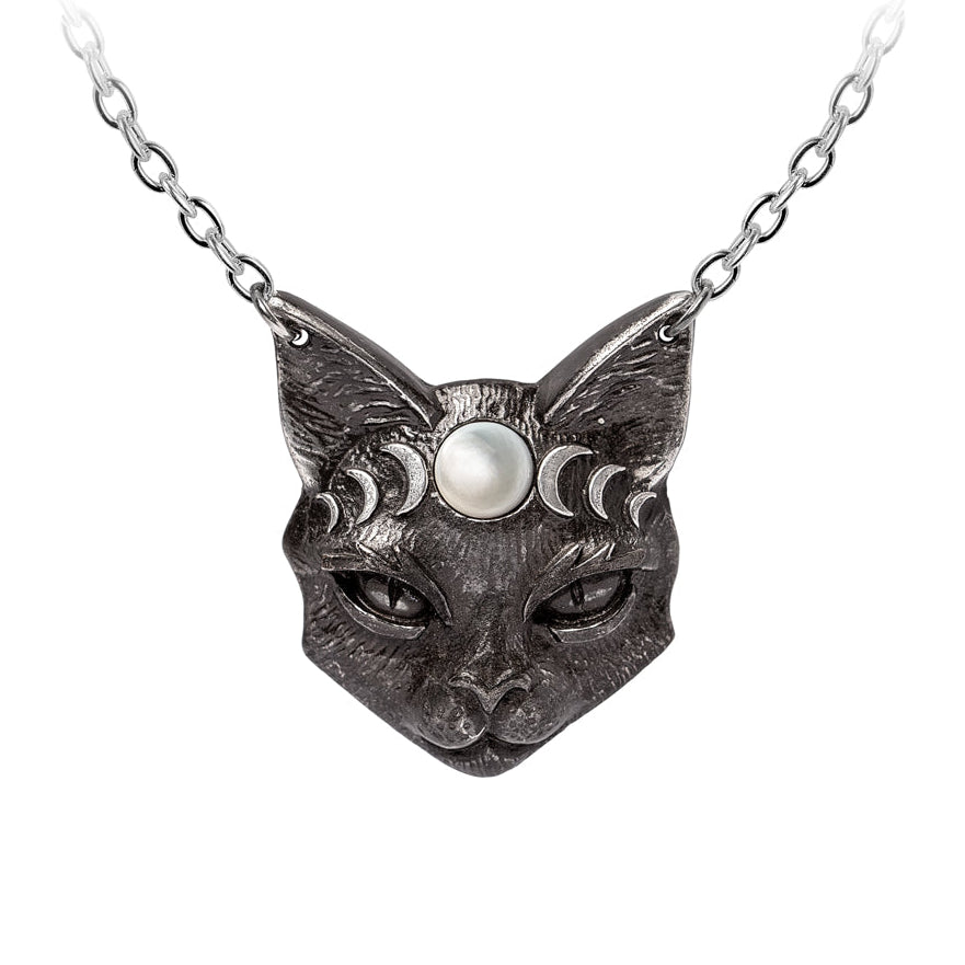 Silver cat head necklace with moon phases and pearl on a white background