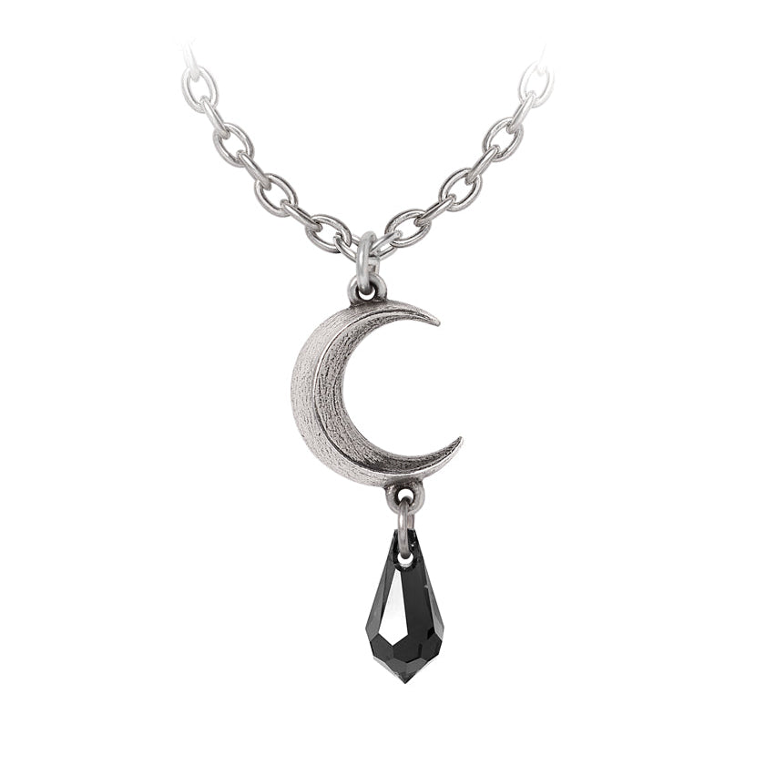 Silver necklace with a crescent moon and teardrop pendant on a white background