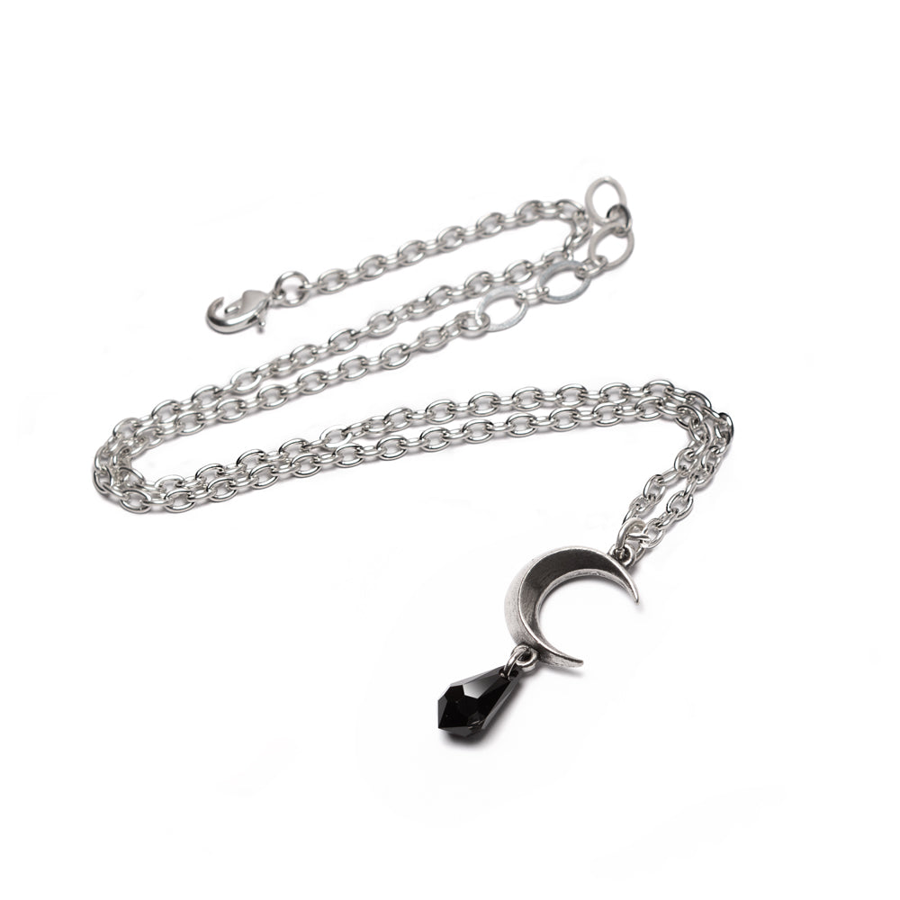 Silver chain necklace with a black teardrop pendant on a white background