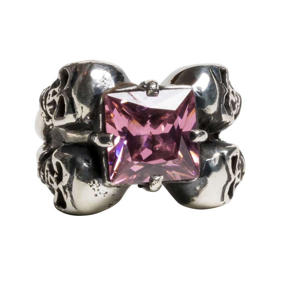 Femme Metale 4 Friends Skulls Pink Gem Fine 925 Silver Ring