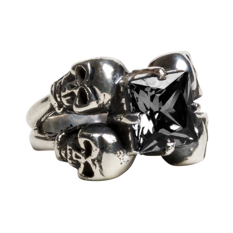 Femme Metale 4 Friends Skulls Black Gem Fine 925 Silver Ring