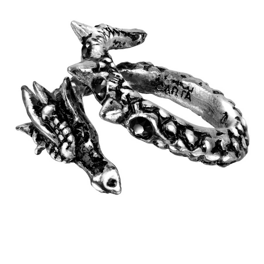 Pair of silver dragon-shaped earrings on a white background