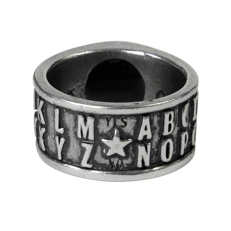 Silver ring with alphabet and star design on a white background