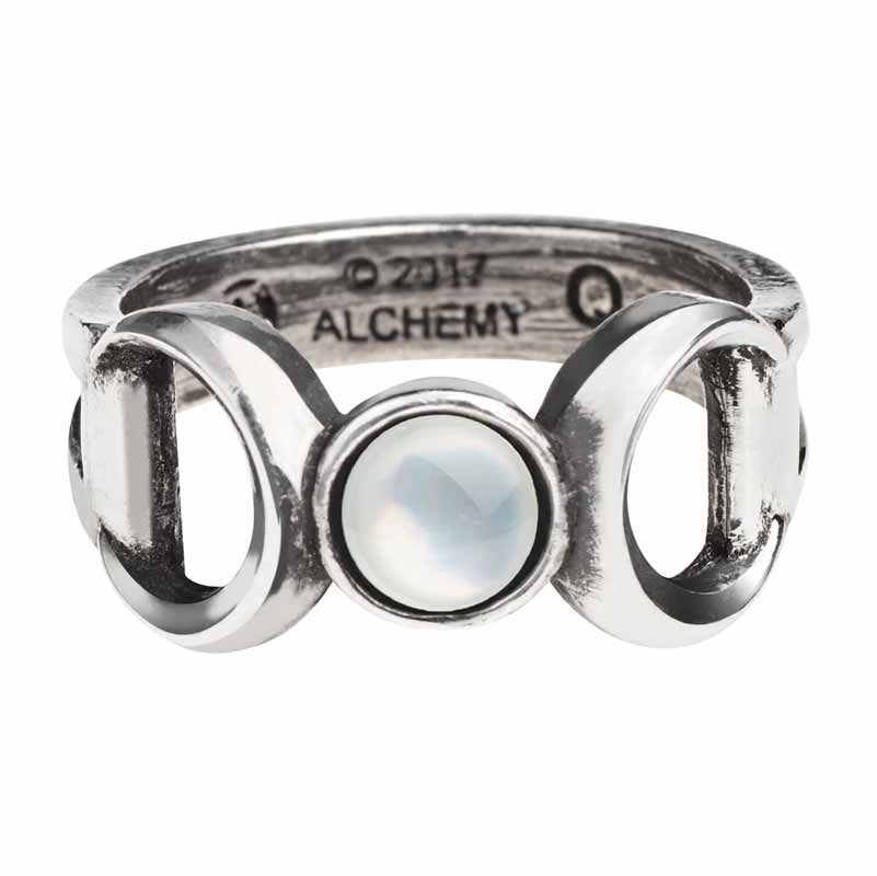 Silver ring with a central gemstone on a white background, branded 'Alchemy'.