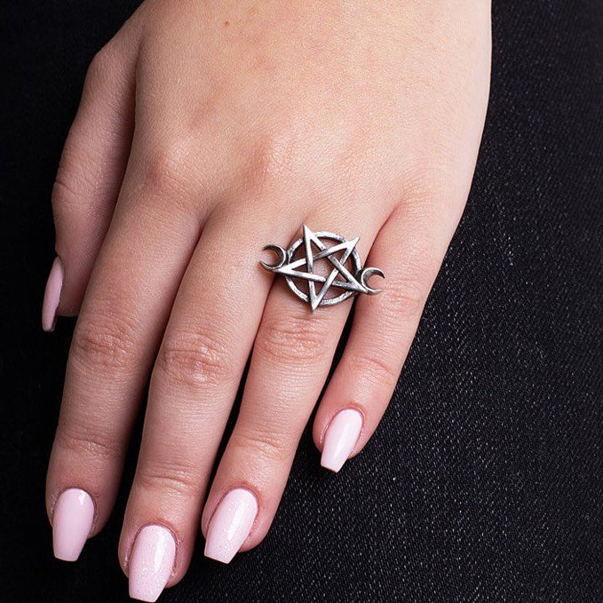 Alchemy Gothic Goddess Pentagram Moon Ring R234