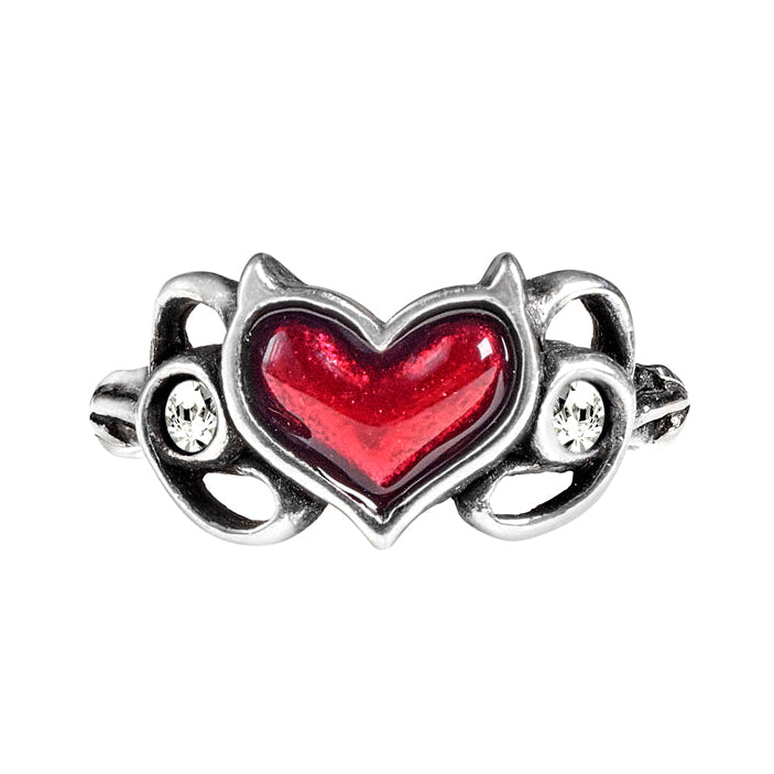 Silver ring with a red heart design on a white background
