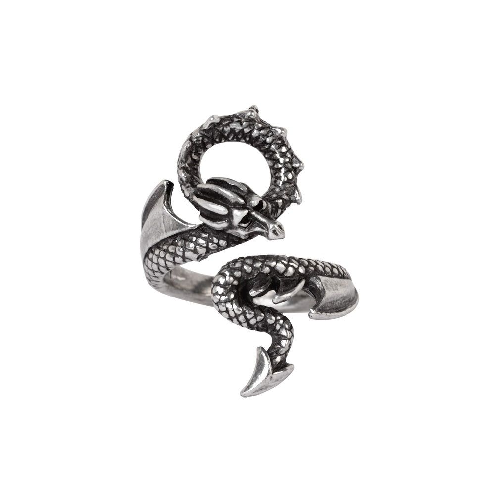 Silver snake-shaped ring on a white background