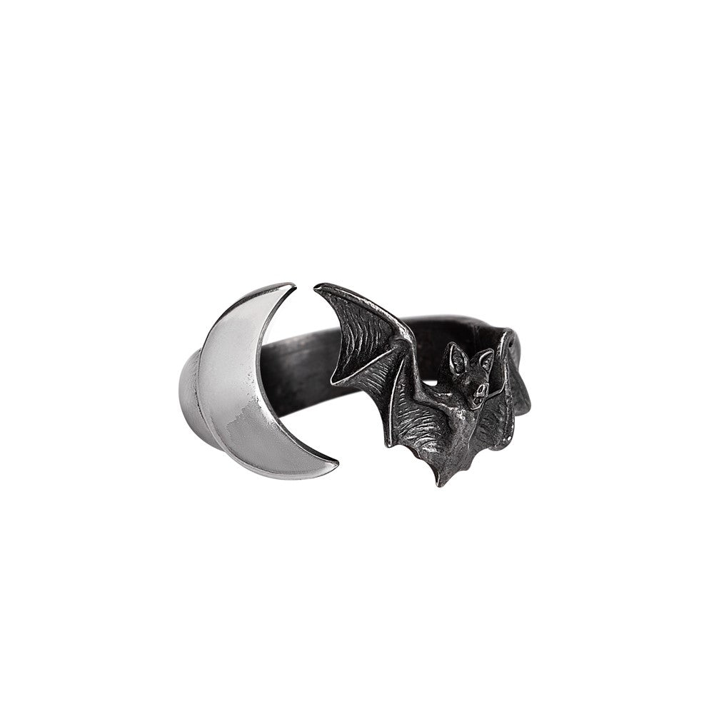 Silver and black bat-shaped ring on a white background