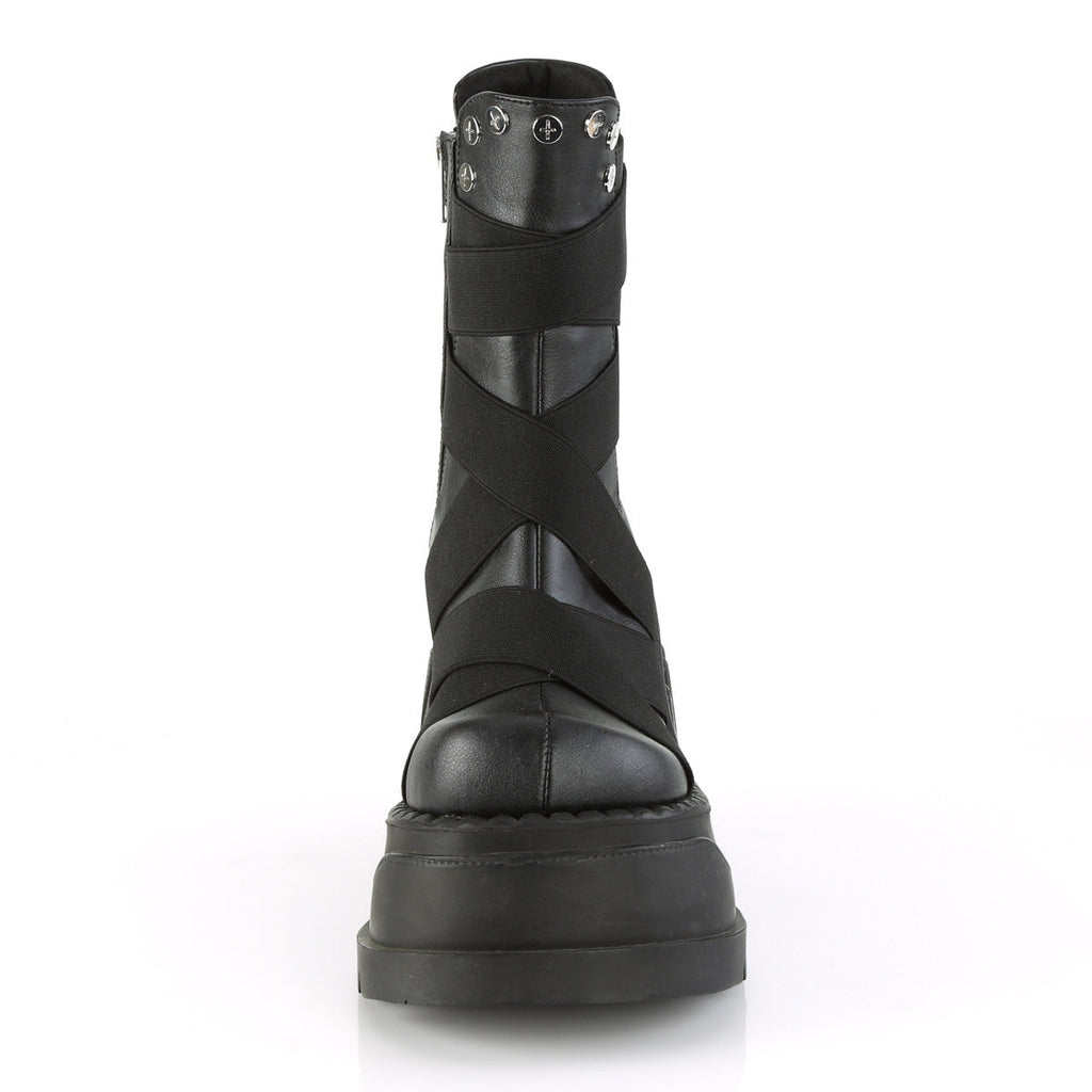 Demonia Stomp 25 Black Vegan Leather with Elastic Bands