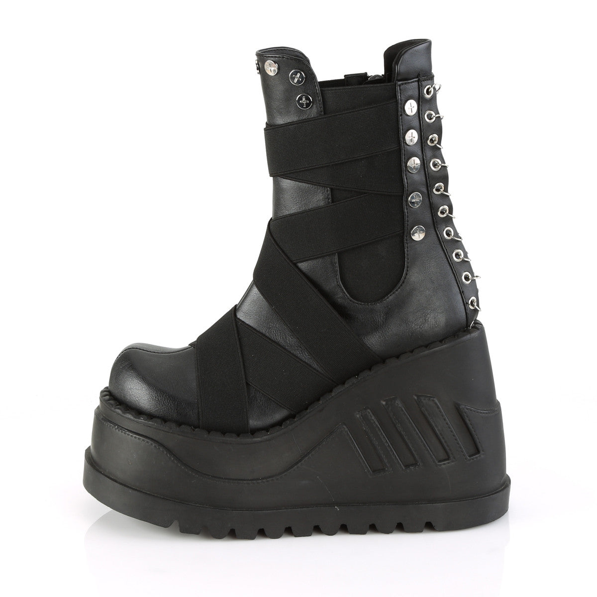 Demonia Stomp 25 Black Vegan Leather with Elastic Bands