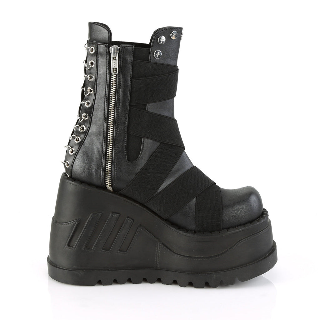 Demonia Stomp 25 Black Vegan Leather with Elastic Bands