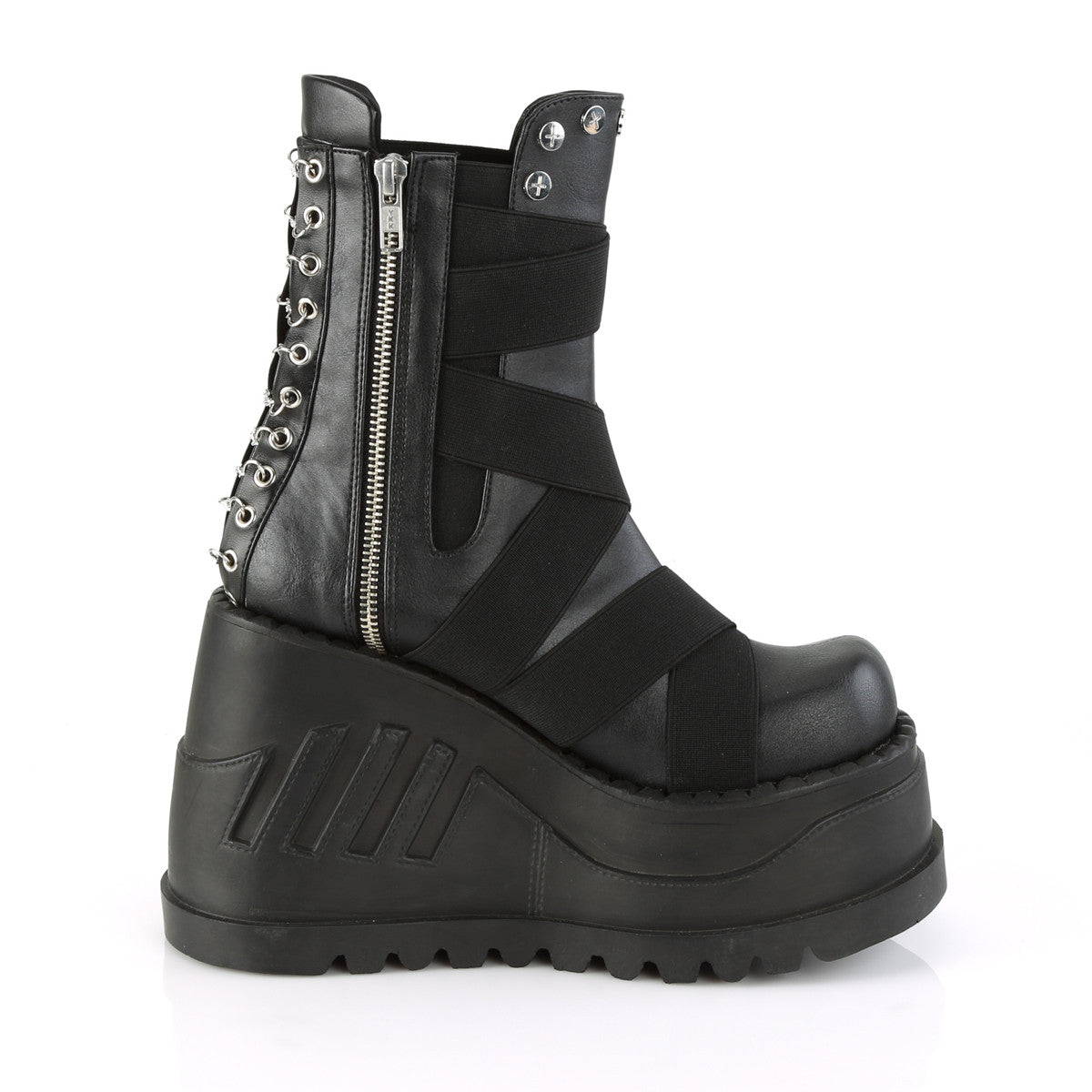 Demonia Stomp 25 Black Vegan Leather with Elastic Bands