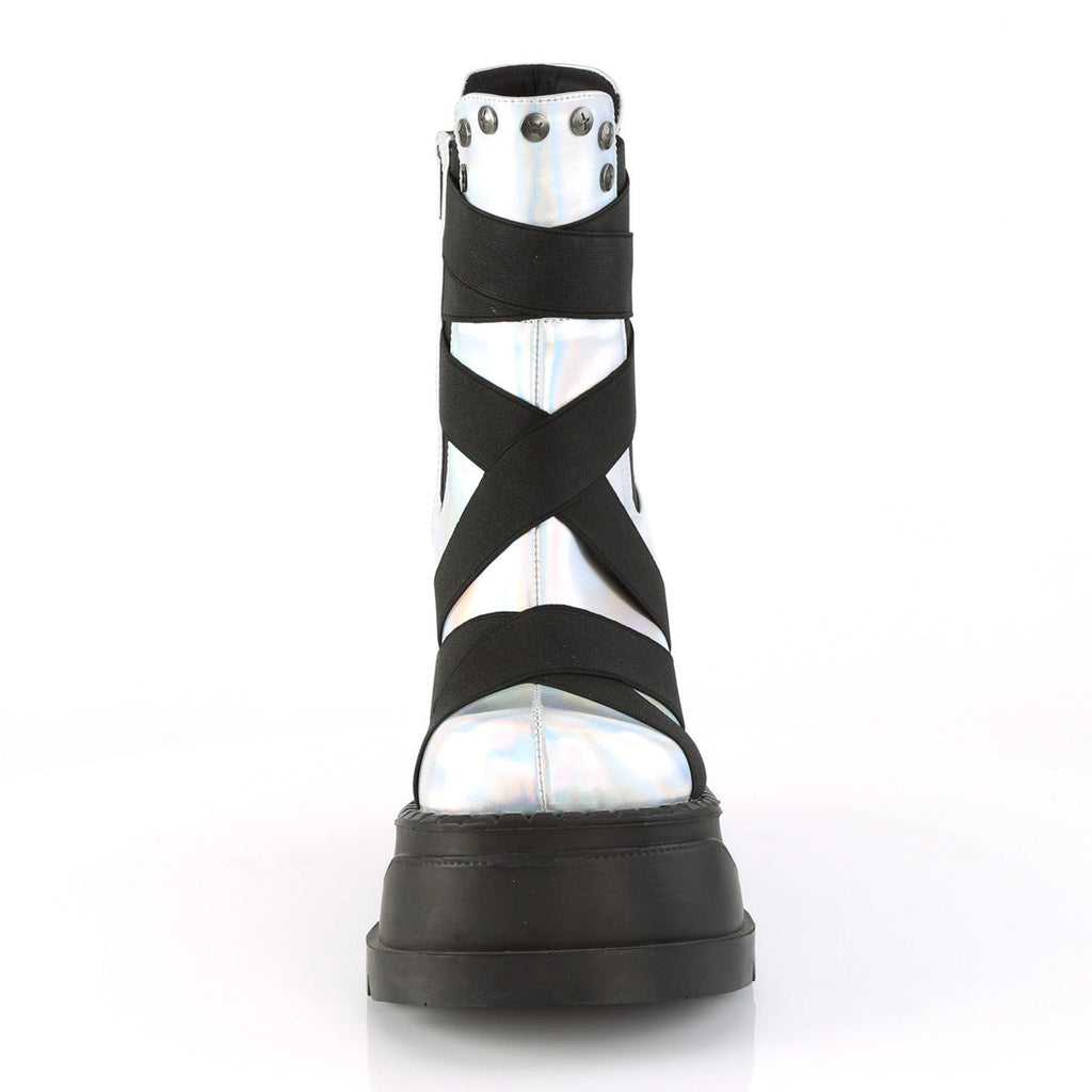 Demonia Stomp 25 Silver Hologram Vegan Leather with Elastic Bands