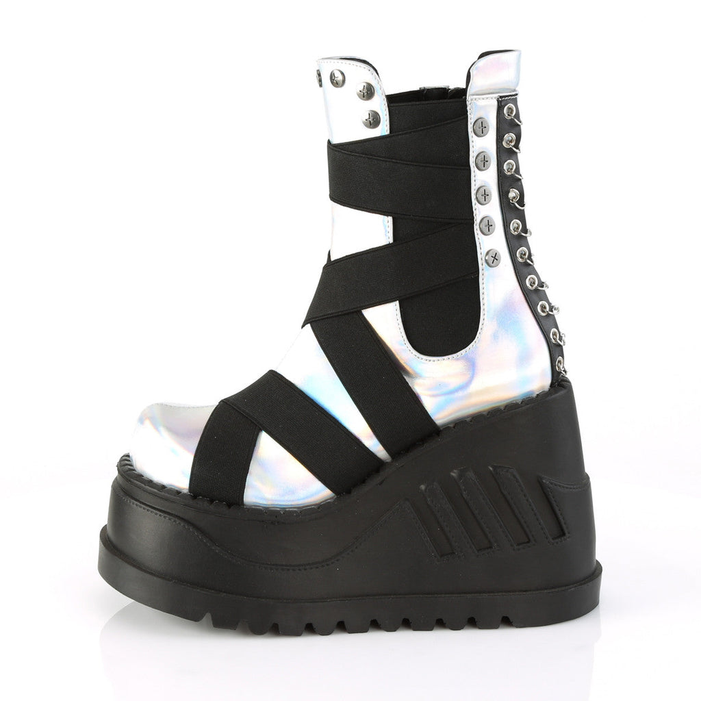 Demonia Stomp 25 Silver Hologram Vegan Leather with Elastic Bands