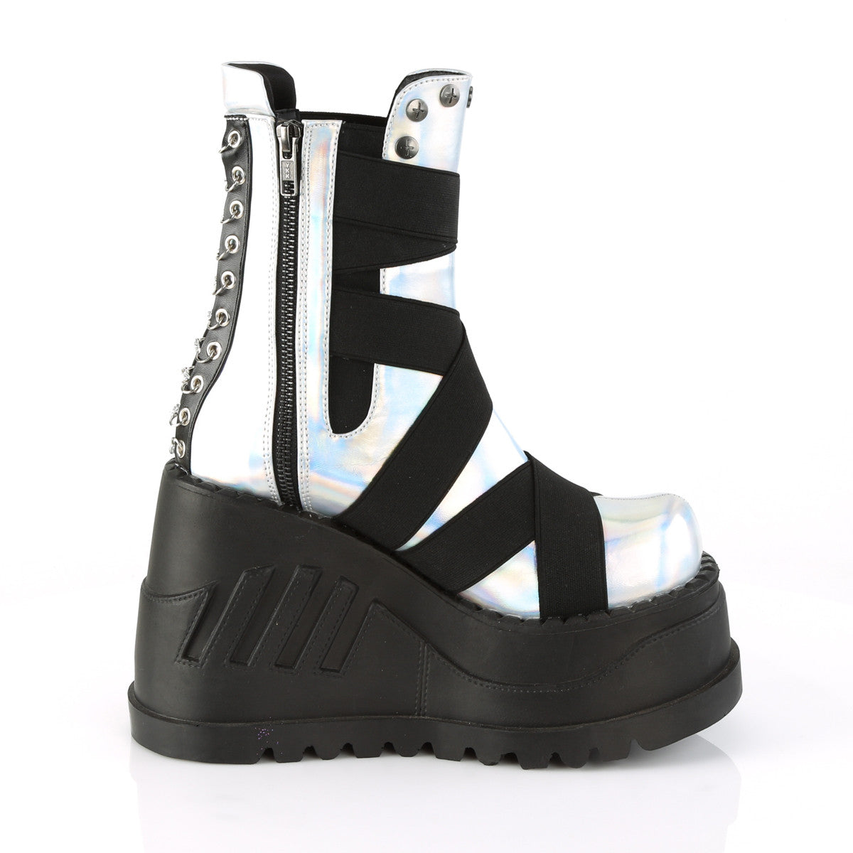 Demonia Stomp 25 Silver Hologram Vegan Leather with Elastic Bands