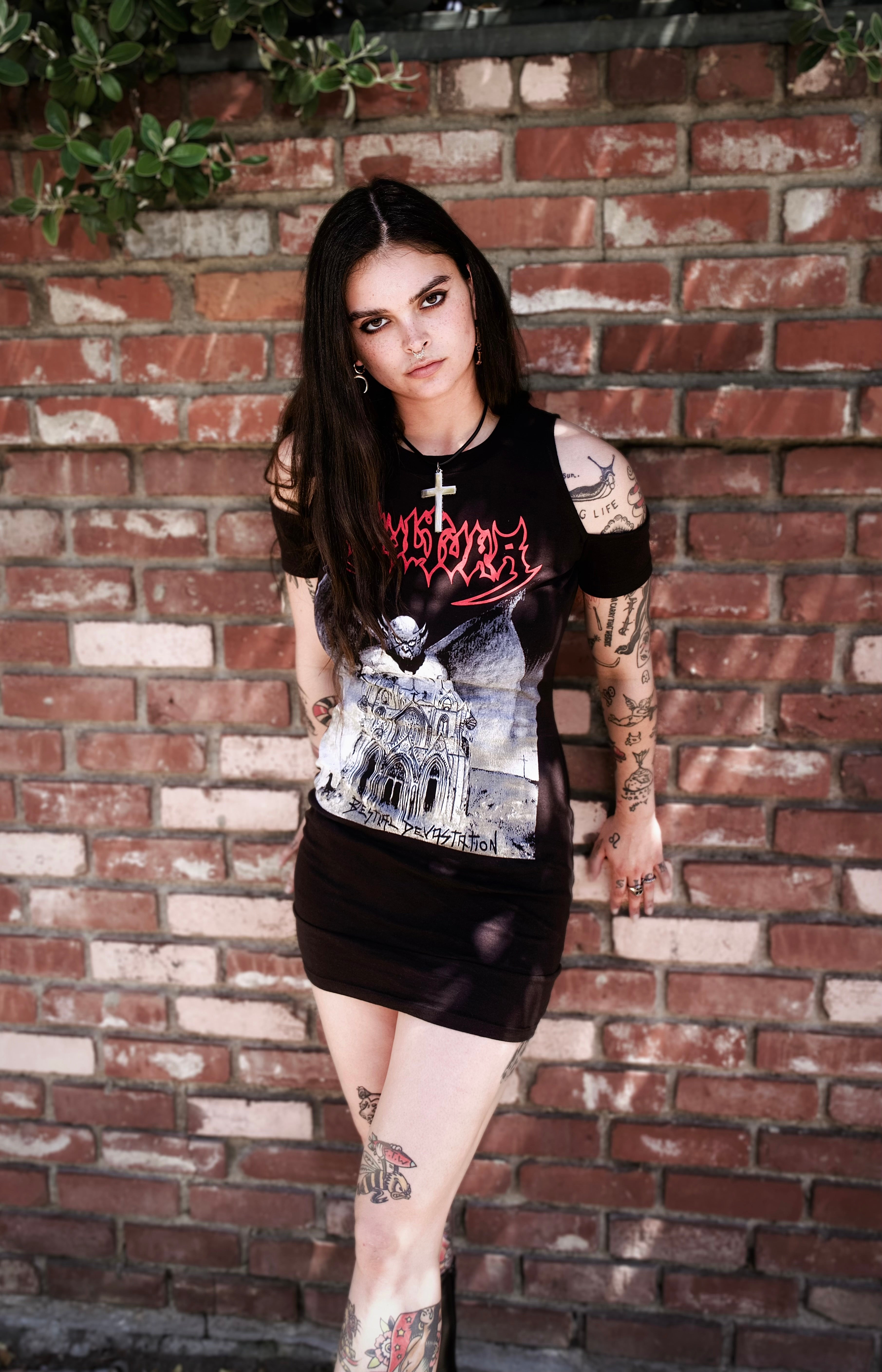Vera's Eyecandy Sepultura Shoulder-Cut Metal Dress