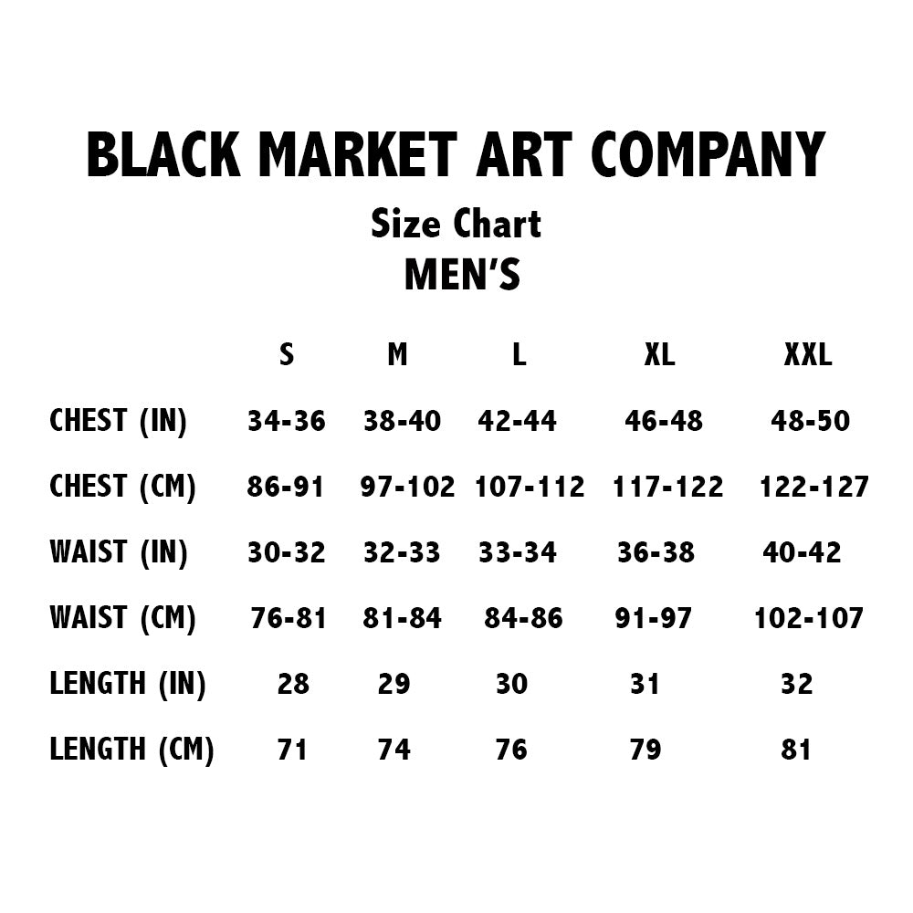 Size chart for men's clothing by Black Market Art Company on a white background