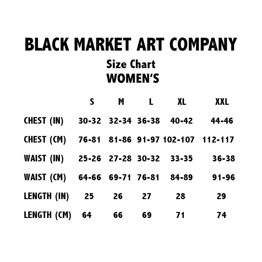 Size chart for women's clothing by Black Market Art Company on a white background