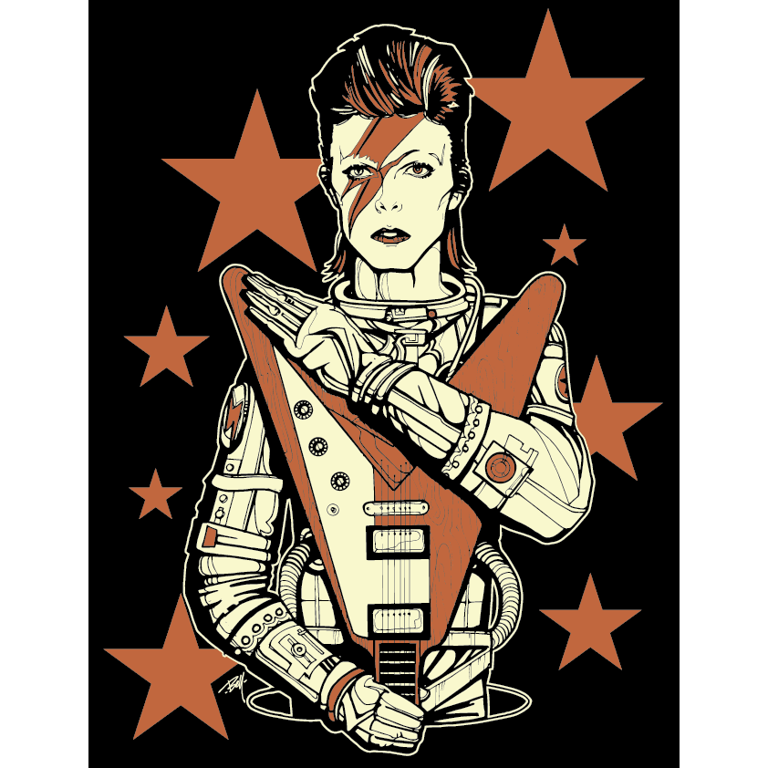 Illustration of a person holding a guitar with red stars on a black background