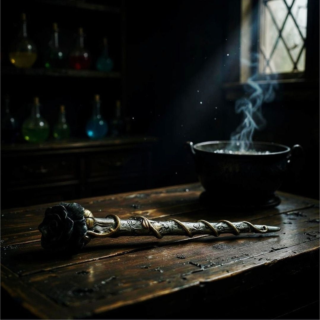 Alchemy Gothic Black Resin Rose Wand 11" Long Wiccan V69