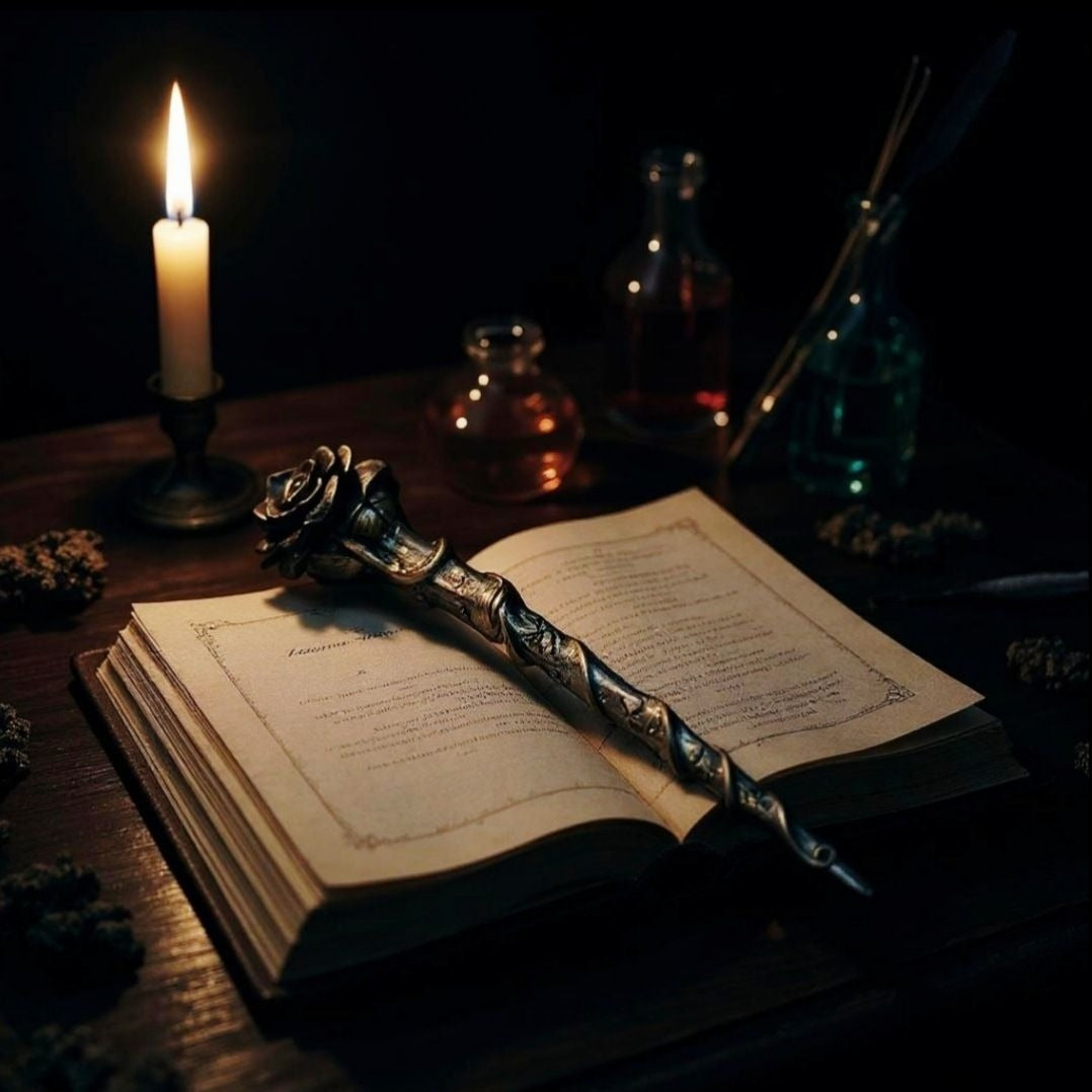 Alchemy Gothic Black Resin Rose Wand 11" Long Wiccan V69