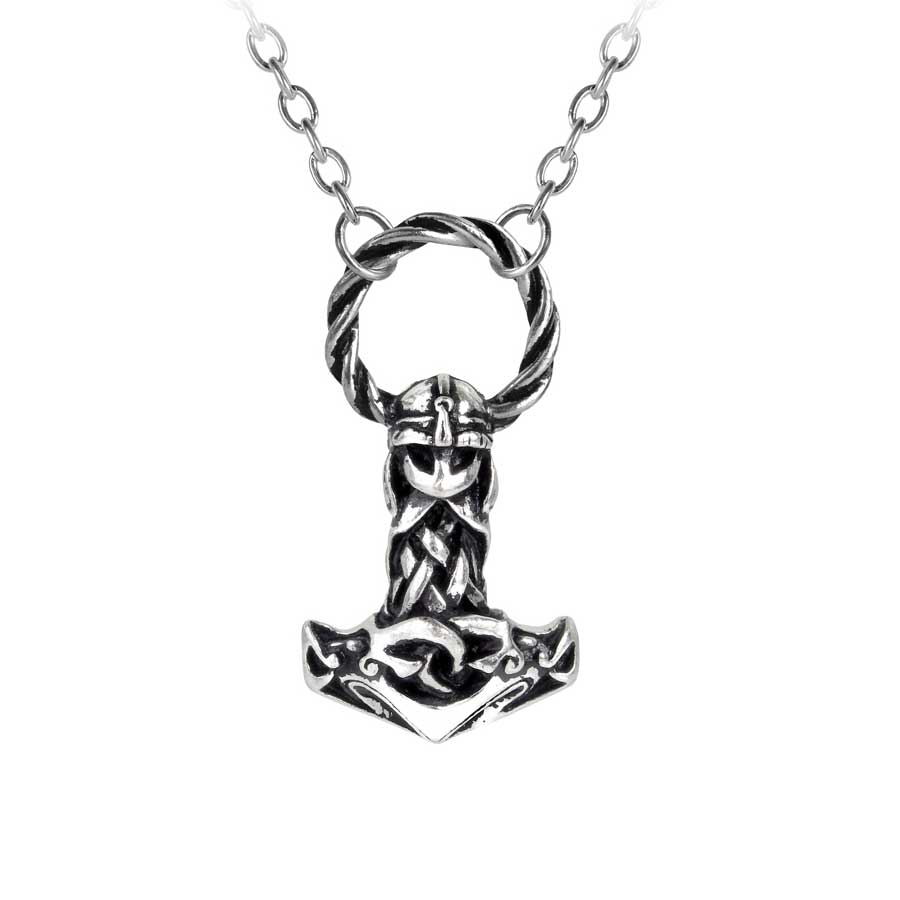Silver necklace with a Thor's hammer pendant on a white background