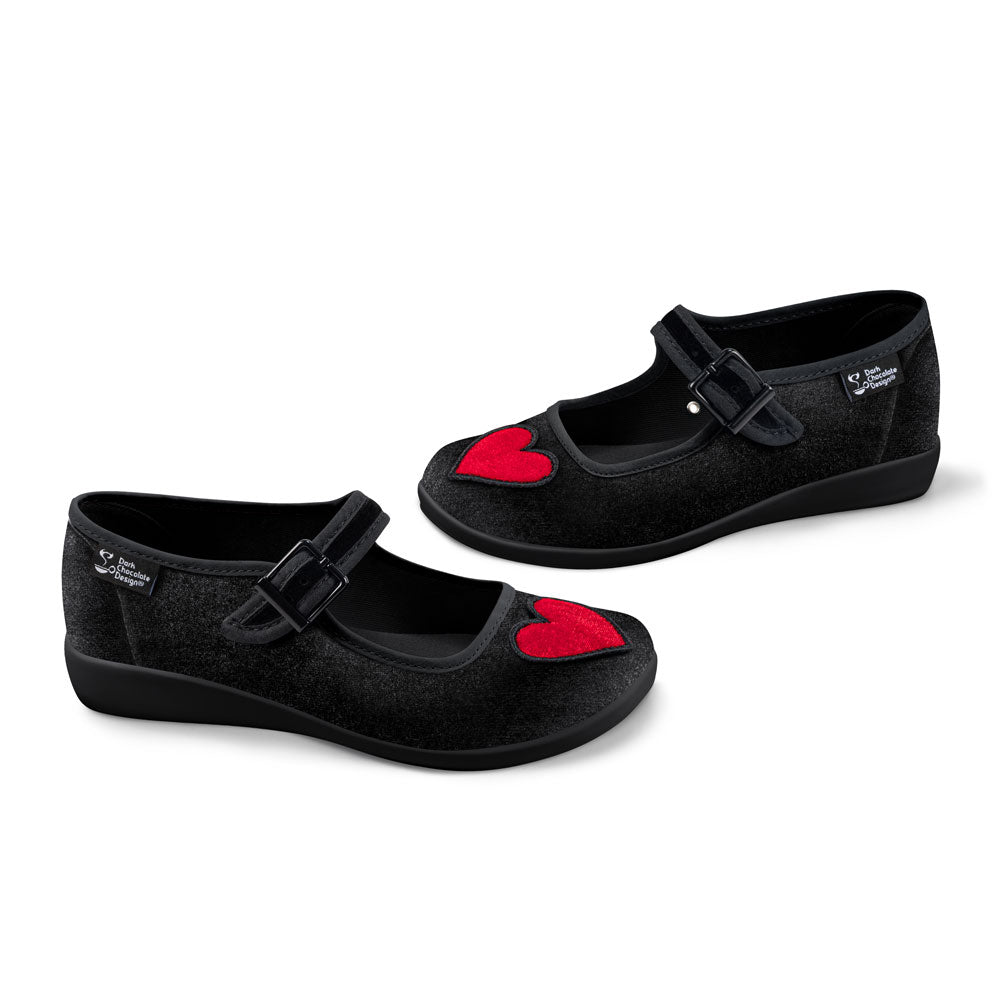 Chocolaticas® Velvet Red Heart Black Mary Jane Flat