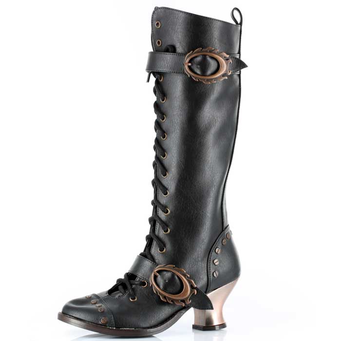 Black steampunk boot with decorative straps on a white background
