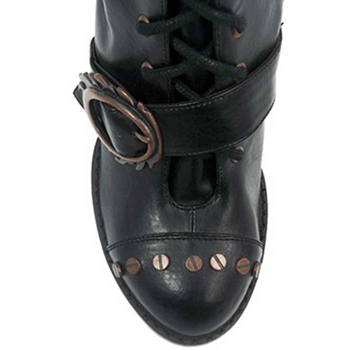 Black leather boot with a buckle and studs on a white background