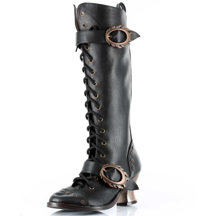 Black leather boot with metal buckles on a white background