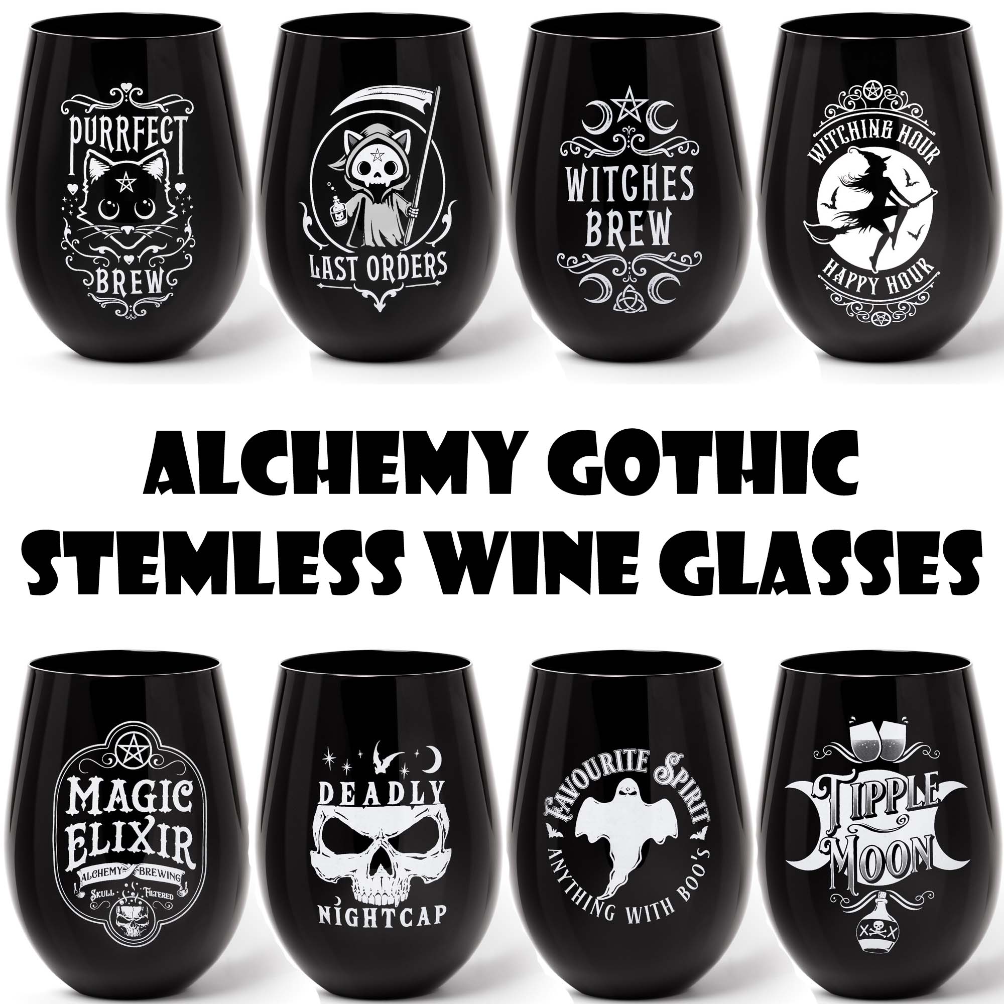 Set of black stemless wine glasses with Alchemy Gothic designs on a white background.