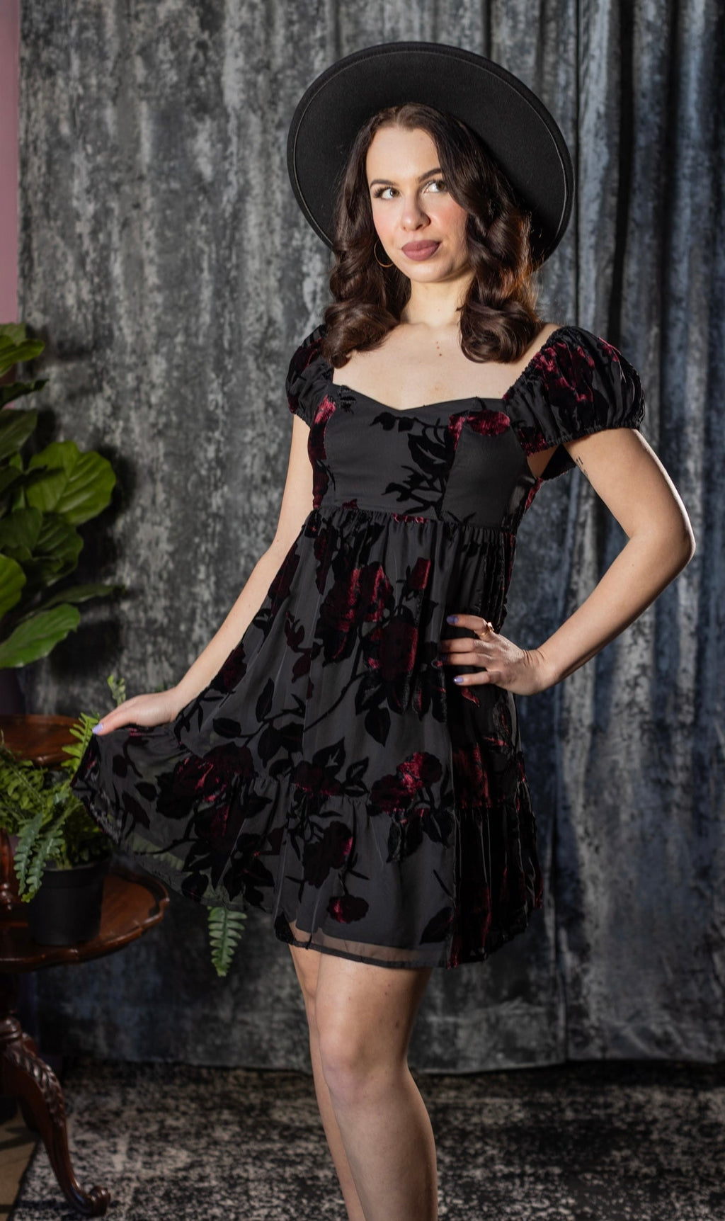 Witchwood Reagan Romantic Velvet Flocked Floral Babydoll Dress