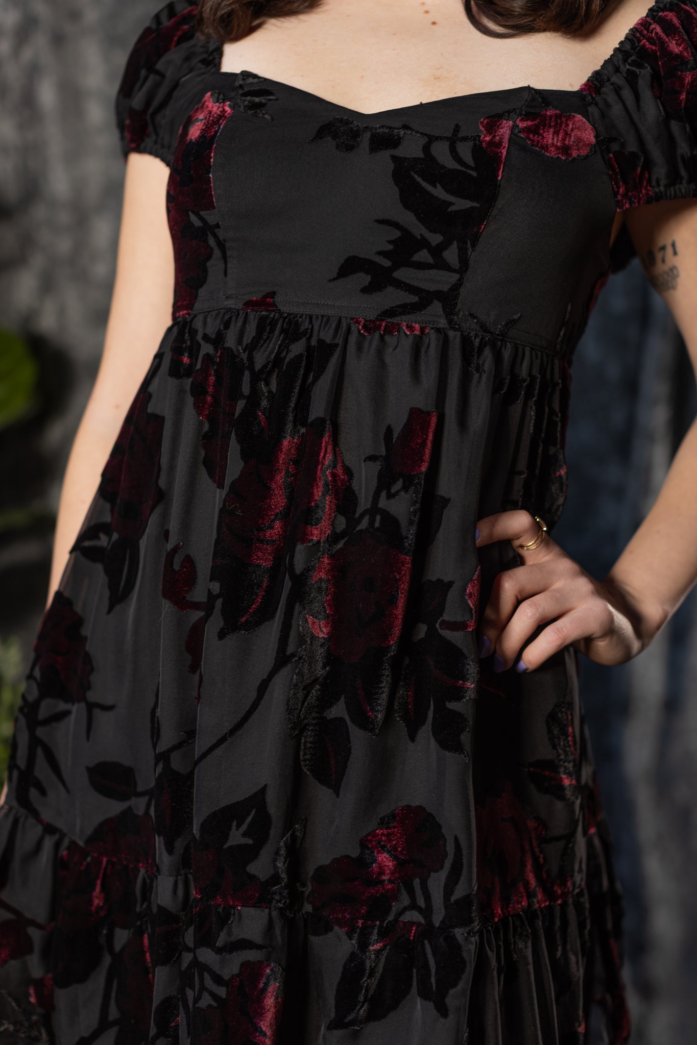 Witchwood Reagan Romantic Velvet Flocked Floral Babydoll Dress
