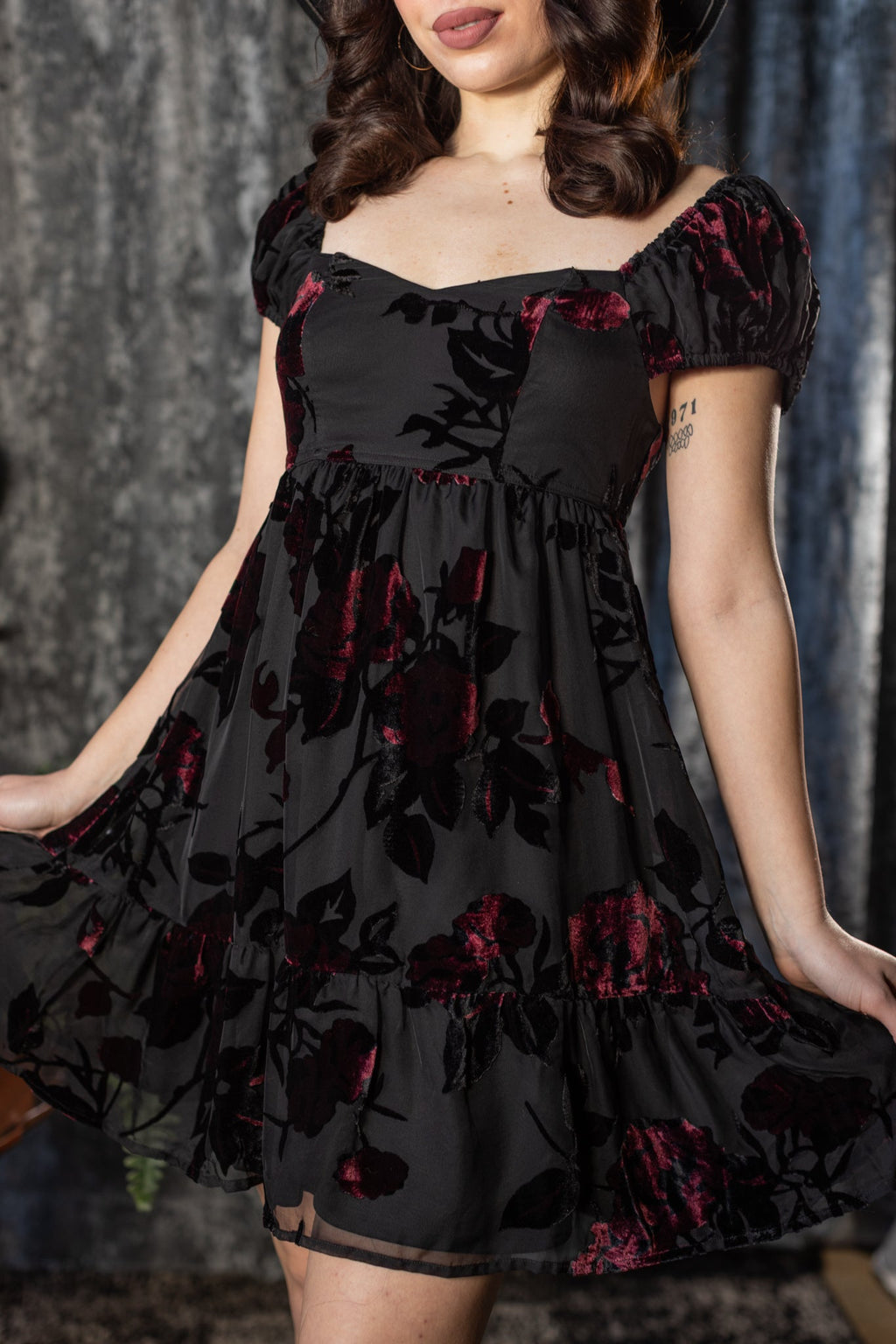 Witchwood Reagan Romantic Velvet Flocked Floral Babydoll Dress