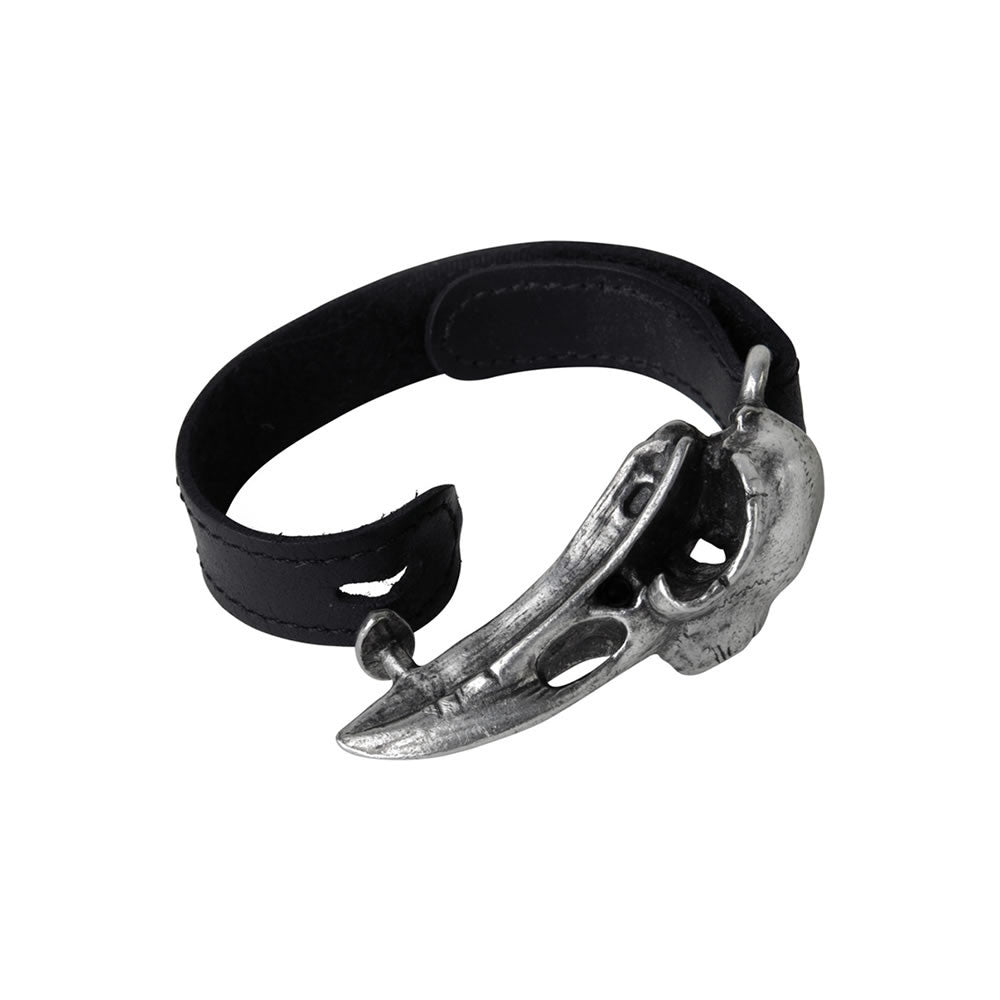 Black leather strap with metal clasp on a white background
