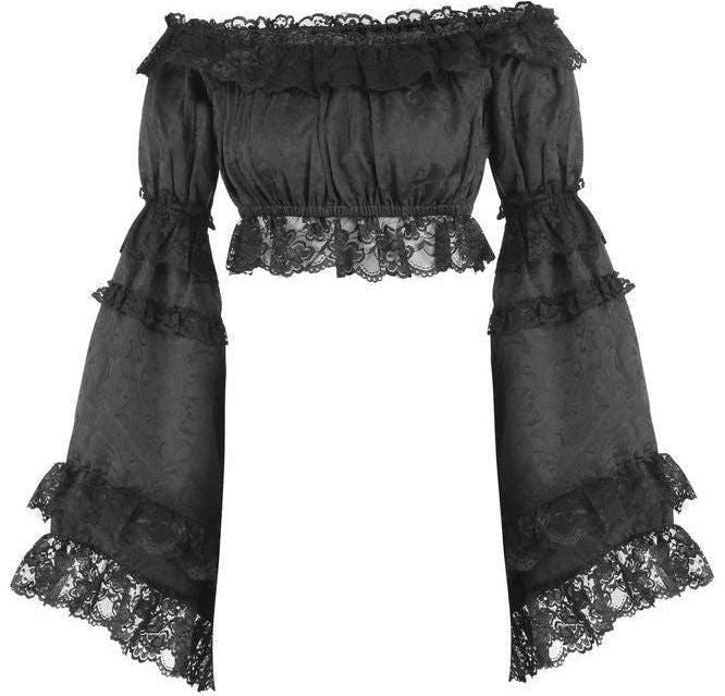 Black Brocade Smocked Flare Sleeve Peasant Top - Daisy Corsets