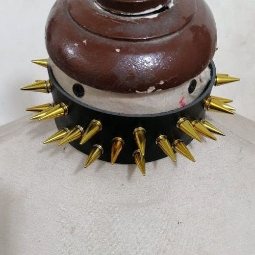 Black Faux Leather & Gold Metallic Spike Choker - Daisy Corsets