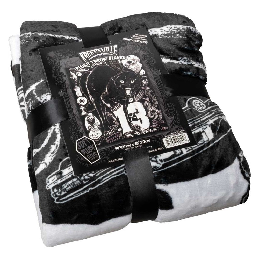 Kreepsville 666 Black Cat 13 Skulls Plush Throw Blanket