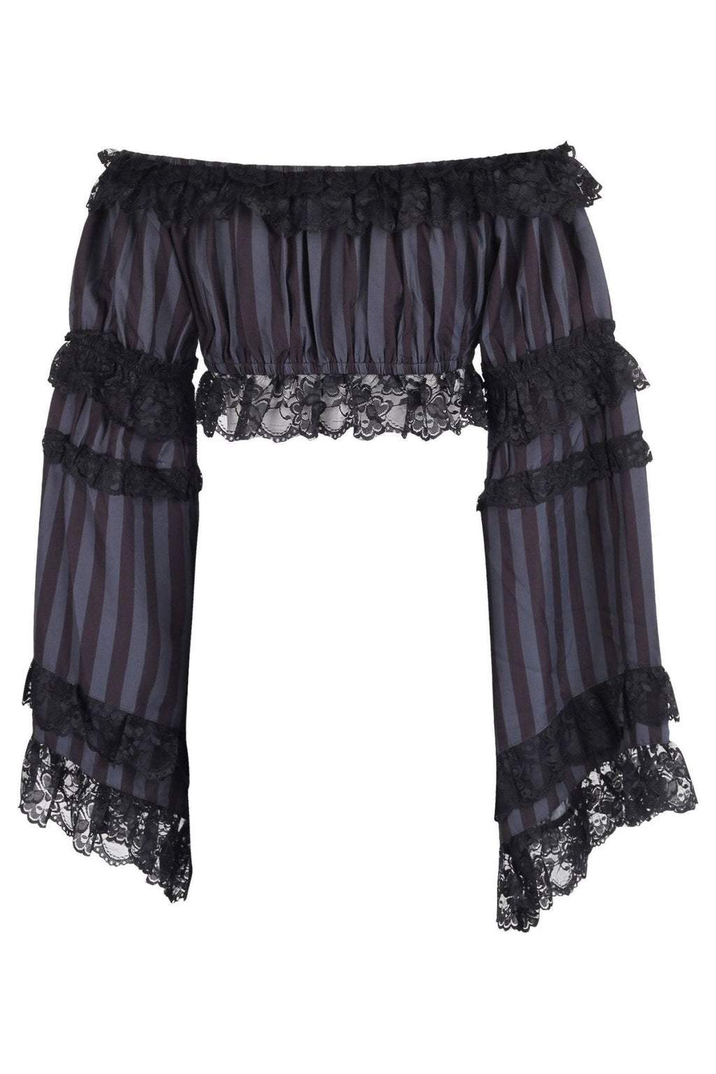 Black/Grey Striped Smocked Flare Sleeve Peasant Top - Daisy Corsets
