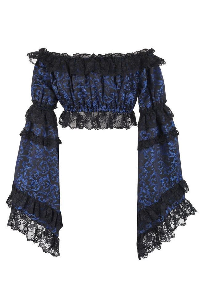 Blue/Black Brocade Smocked Flare Sleeve Peasant Top - Daisy Corsets