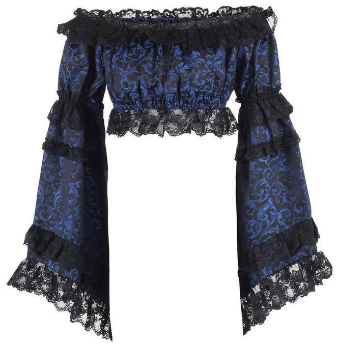 Blue/Black Brocade Smocked Flare Sleeve Peasant Top - Daisy Corsets