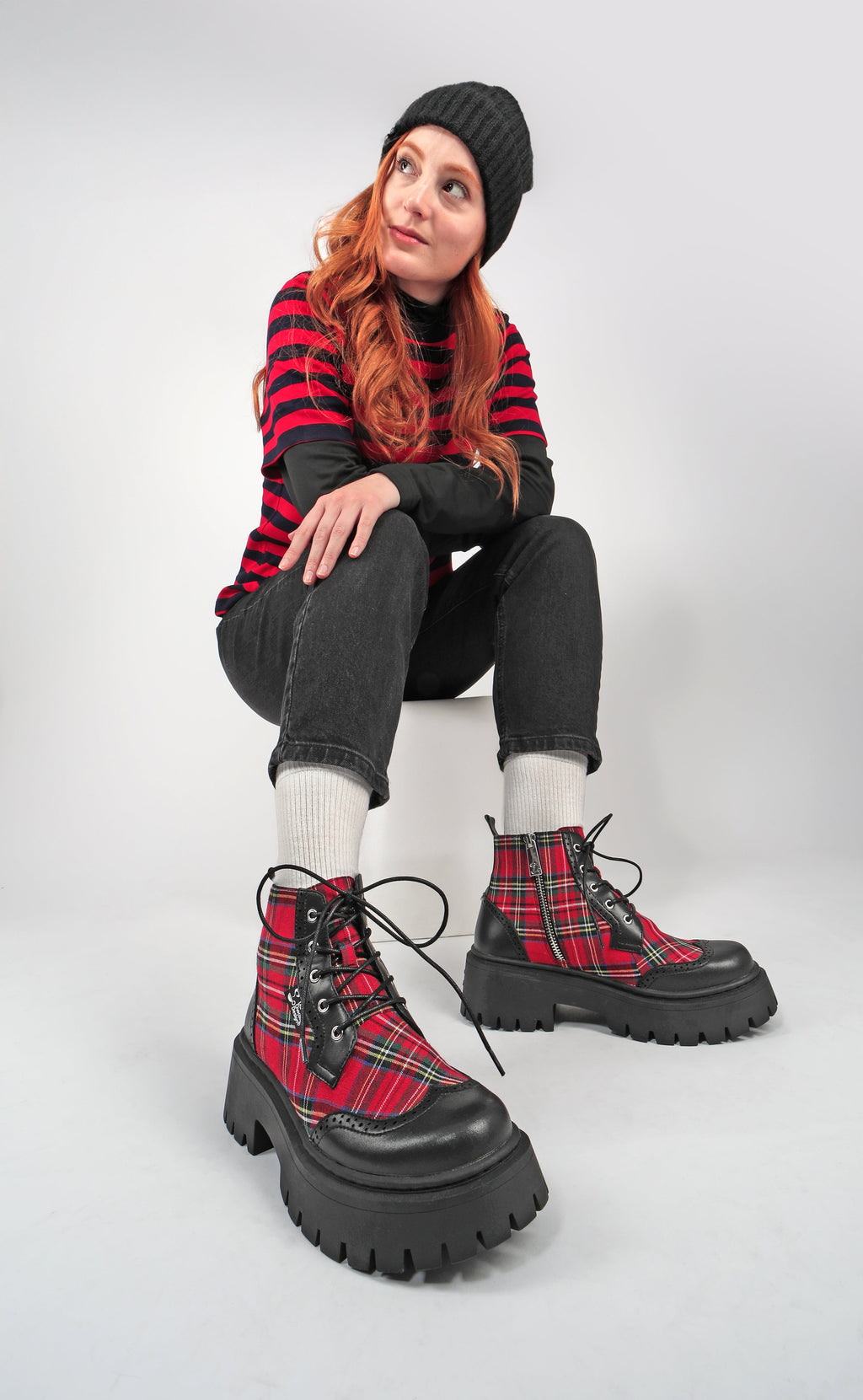 Red Tartan Women's Ankle Lace Up Boots