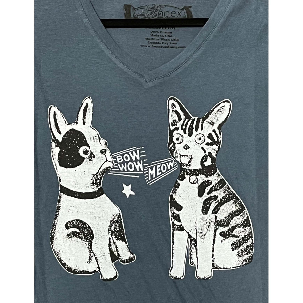 Lowbrow Art Bow Wow Meow Dog Cat Blue Tee