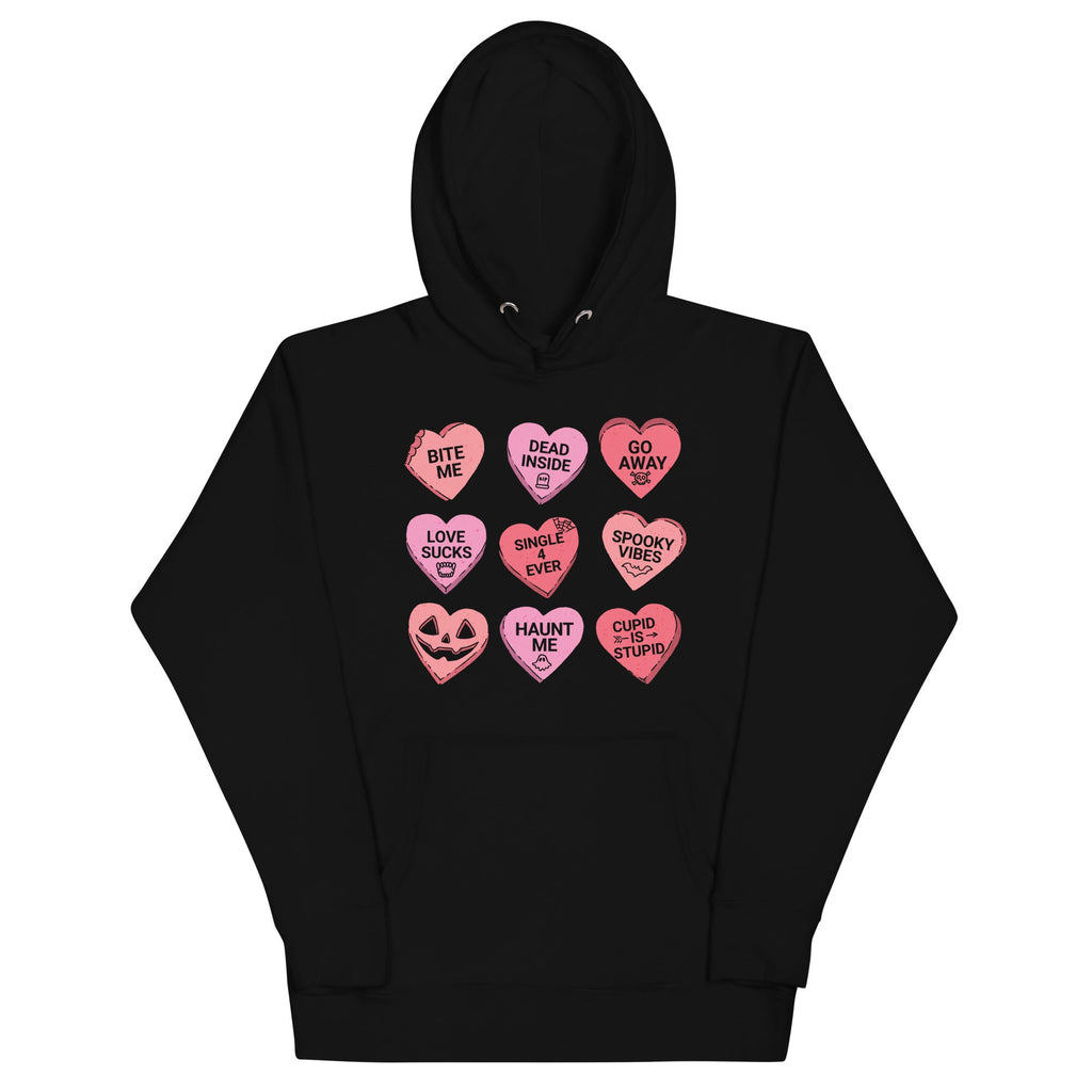 Black hoodie with pink graphic hearts on a white background