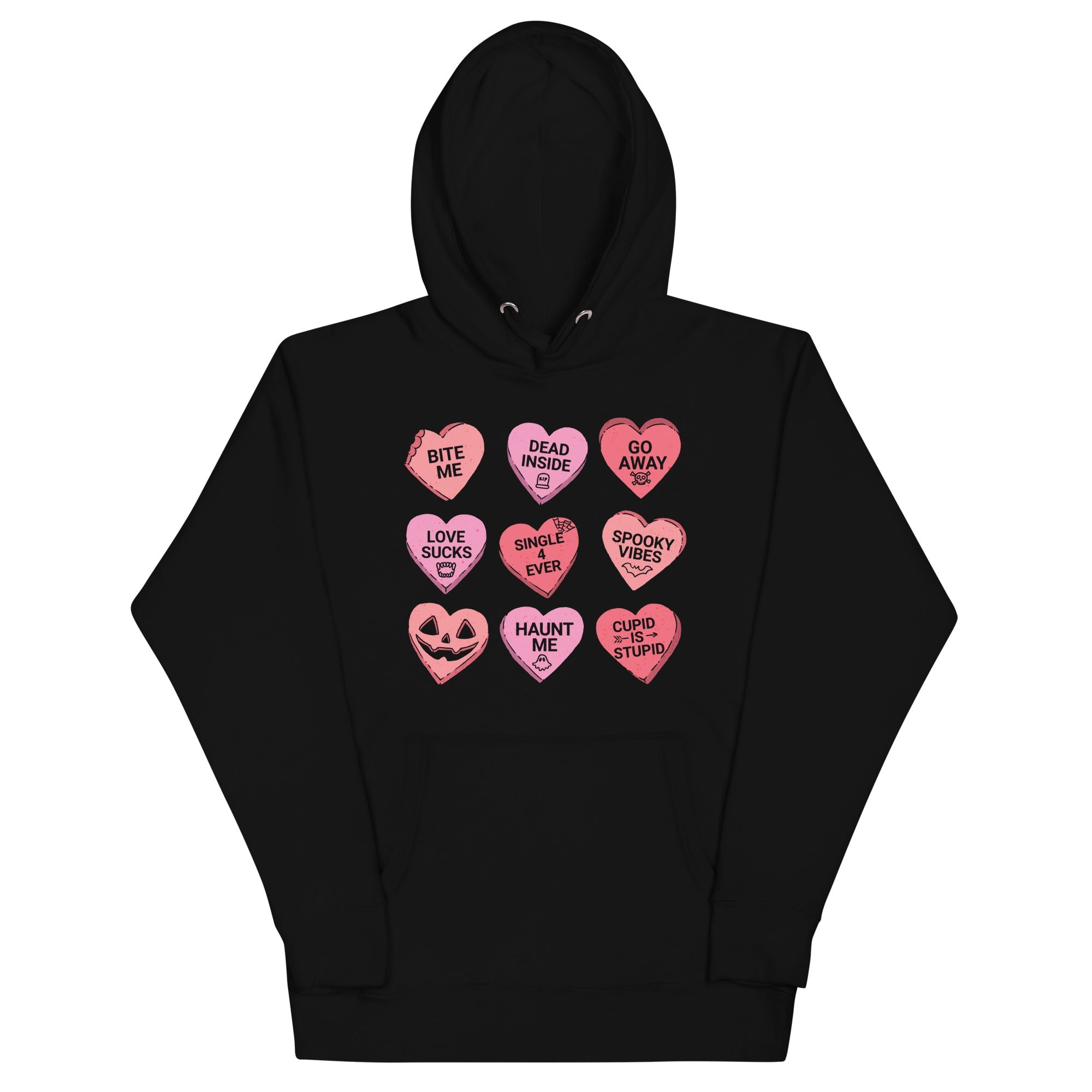 Black hoodie with pink graphic hearts on a white background