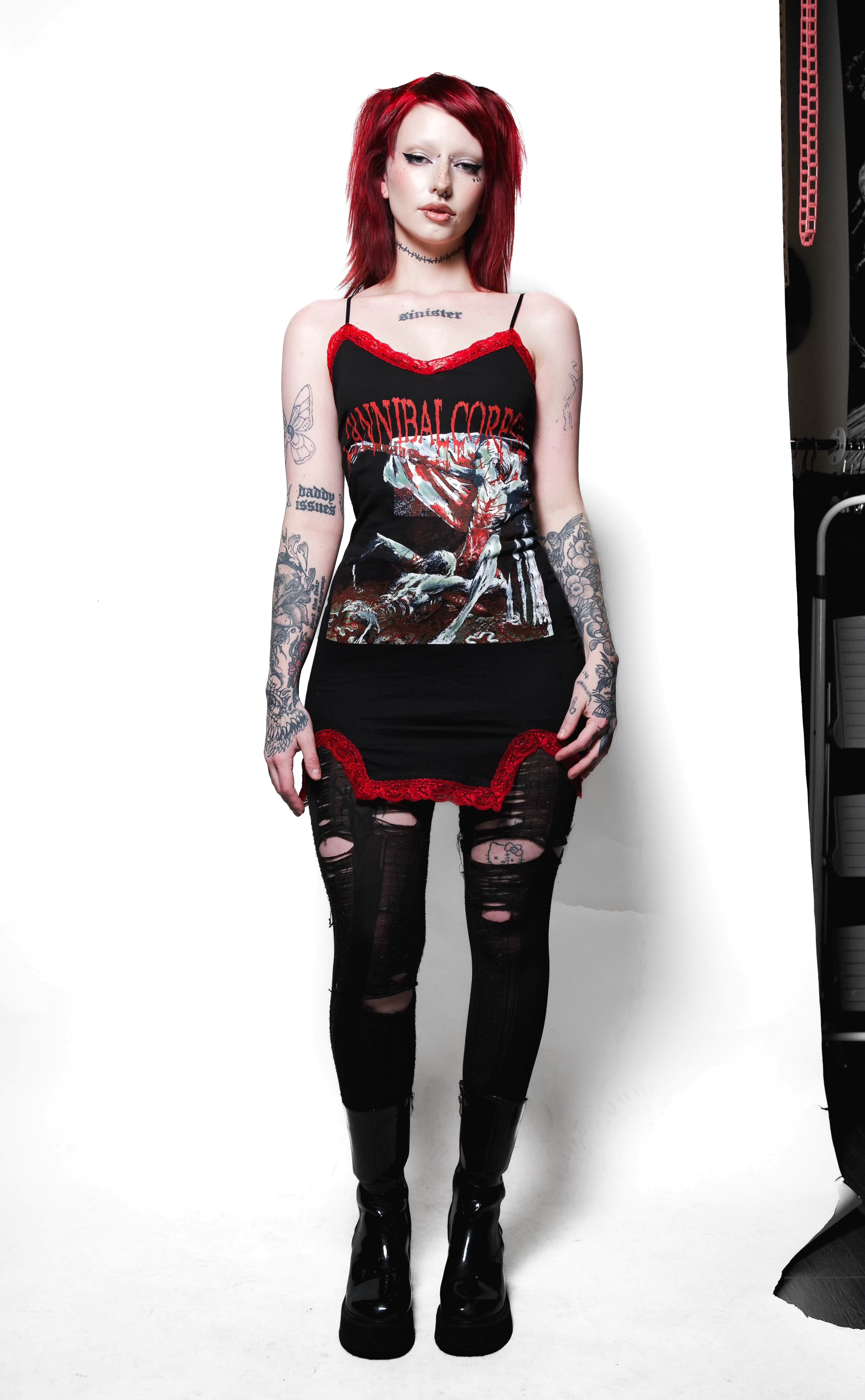 Vera's Eyecandy Cannibal Corpse Slit Red Lace Dress