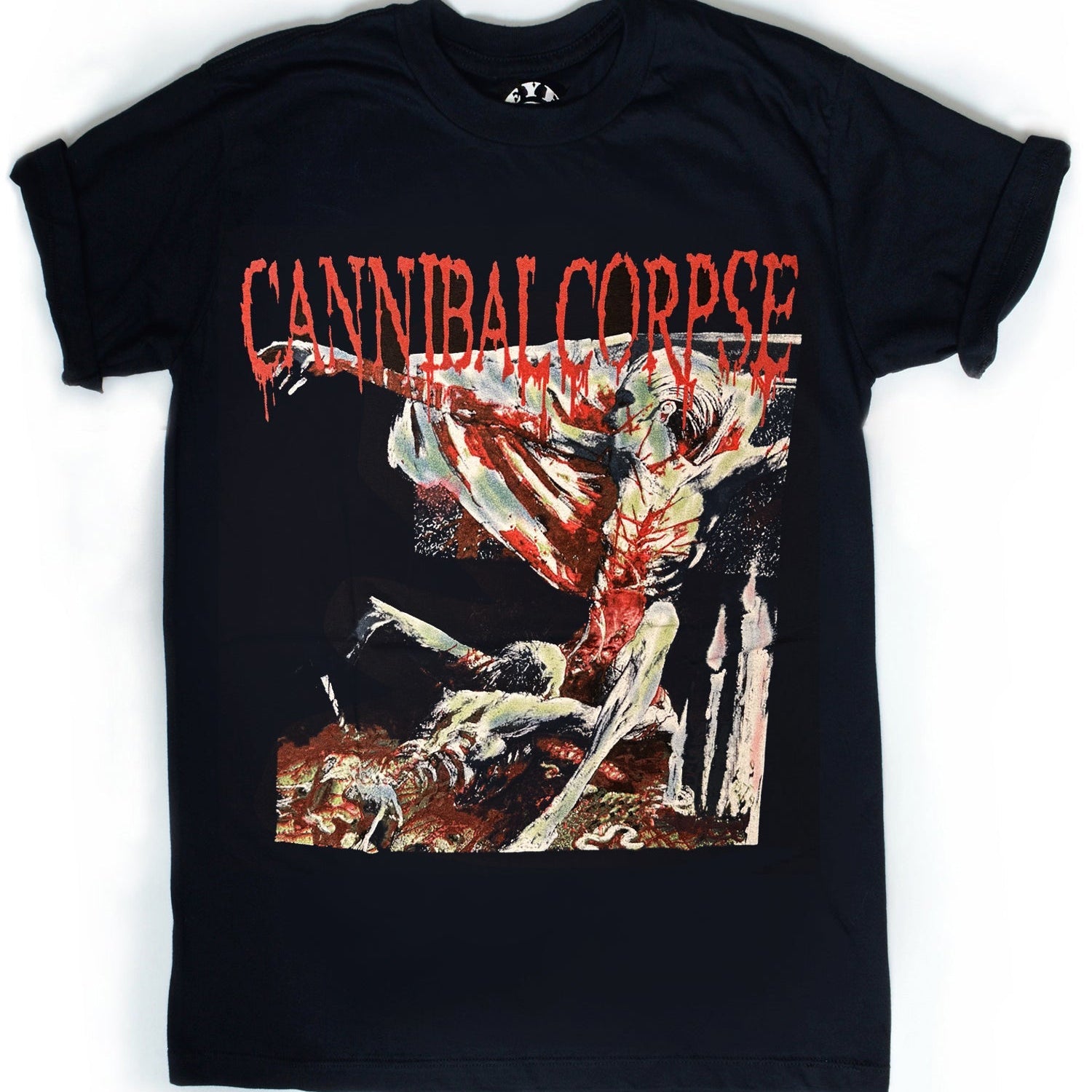 Black t-shirt with 'Cannibal Corpse' graphic design on a white background